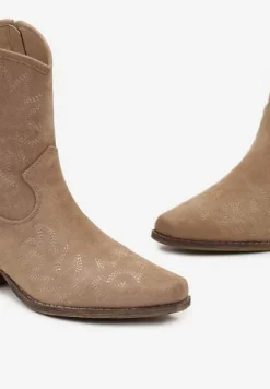 Ciemnobeżowe Botki Kowbojki na Niskim Słupku z Haftem Ilaina