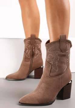 Ciemnobeżowe Botki Kowbojki na Słupku z Przeszyciami Lindatora