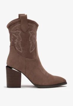 Ciemnobeżowe Botki Kowbojki na Słupku z Przeszyciami Lindatora