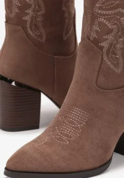 Ciemnobeżowe Botki Kowbojki na Słupku z Przeszyciami Lindatora