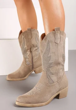 Ciemnobeżowe Botki Kowbojki na Obcasie z Ozdobnymi Nitami i Haftem Narice