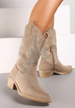 Ciemnobeżowe Botki Kowbojki na Obcasie z Ozdobnymi Nitami i Haftem Narice