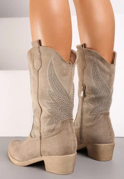 Ciemnobeżowe Botki Kowbojki na Obcasie z Ozdobnymi Nitami i Haftem Narice