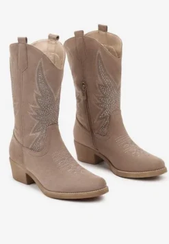 Ciemnobeżowe Botki Kowbojki na Obcasie z Ozdobnymi Nitami i Haftem Narice