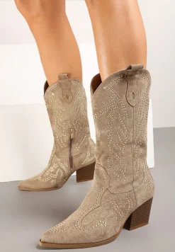 Ciemnobeżowe Botki Kowbojki z Ekozamszu na Stożkowym Obcasie Ozdobione Cyrkoniami Nialase