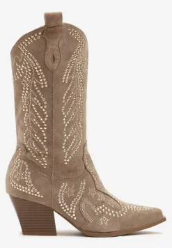 Ciemnobeżowe Botki Kowbojki z Ekozamszu na Stożkowym Obcasie Ozdobione Cyrkoniami Nialase