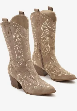 Ciemnobeżowe Botki Kowbojki z Ekozamszu na Stożkowym Obcasie Ozdobione Cyrkoniami Nialase