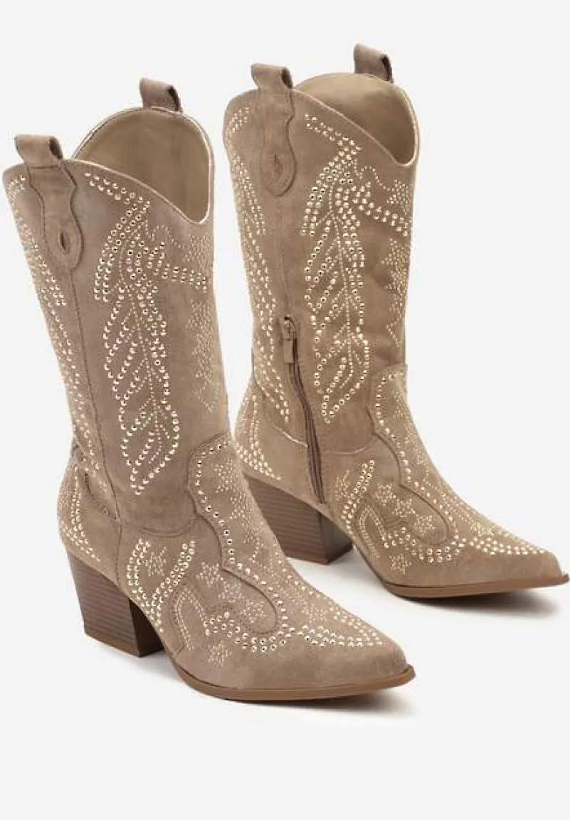 Ciemnobeżowe Botki Kowbojki z Ekozamszu na Stożkowym Obcasie Ozdobione Cyrkoniami Nialase