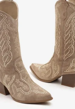 Ciemnobeżowe Botki Kowbojki z Ekozamszu na Stożkowym Obcasie Ozdobione Cyrkoniami Nialase