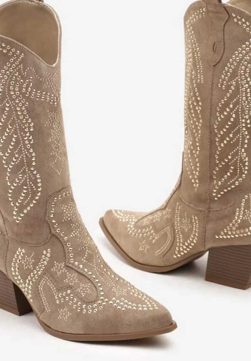 Ciemnobeżowe Botki Kowbojki z Ekozamszu na Stożkowym Obcasie Ozdobione Cyrkoniami Nialase