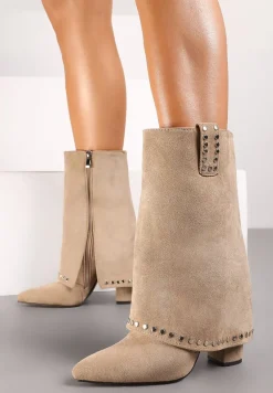 Ciemnobeżowe Botki Kowbojki na Słupku z Nitami na Podwiniętej Cholewce Vaimi