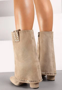 Ciemnobeżowe Botki Kowbojki na Słupku z Nitami na Podwiniętej Cholewce Vaimi