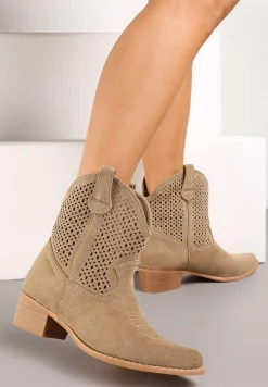 Ciemnobeżowe Botki Kowbojki na Słupku z Ekoskóry z Ażurowym Zdobieniem Clovera