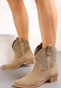 Ciemnobeżowe Botki Kowbojki na Słupku z Ekoskóry z Ażurowym Zdobieniem Clovera