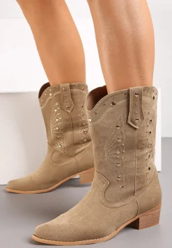 Ciemnobeżowe Botki Kowbojki z Wkładką ze Skóry Naturalnej i Ozdobnymi Nitami Tirina