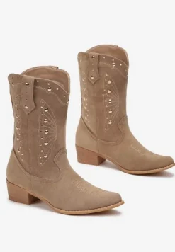 Ciemnobeżowe Botki Kowbojki z Wkładką ze Skóry Naturalnej i Ozdobnymi Nitami Tirina