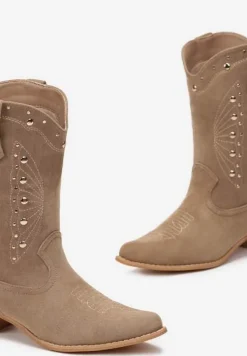Ciemnobeżowe Botki Kowbojki z Wkładką ze Skóry Naturalnej i Ozdobnymi Nitami Tirina