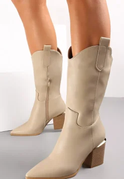 Ciemnobeżowe Botki Kowbojki na Stożku ze Szpiczastym Noskiem Slavelia