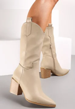 Ciemnobeżowe Botki Kowbojki na Stożku ze Szpiczastym Noskiem Slavelia