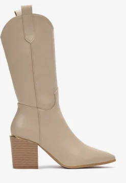 Ciemnobeżowe Botki Kowbojki na Stożku ze Szpiczastym Noskiem Slavelia