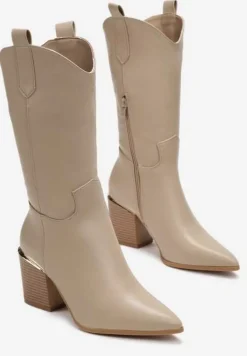 Ciemnobeżowe Botki Kowbojki na Stożku ze Szpiczastym Noskiem Slavelia
