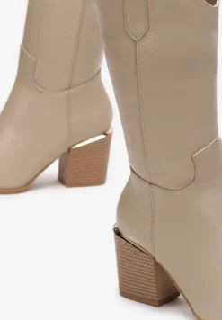 Ciemnobeżowe Botki Kowbojki na Stożku ze Szpiczastym Noskiem Slavelia