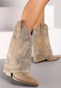 Ciemnobeżowe Botki Kowbojki na Słupku Wykończone Wywiniętą Nogawką z Cyrkoniami Evisya