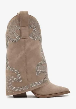 Ciemnobeżowe Botki Kowbojki na Słupku Wykończone Wywiniętą Nogawką z Cyrkoniami Evisya
