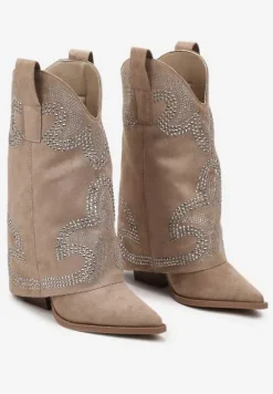 Ciemnobeżowe Botki Kowbojki na Słupku Wykończone Wywiniętą Nogawką z Cyrkoniami Evisya