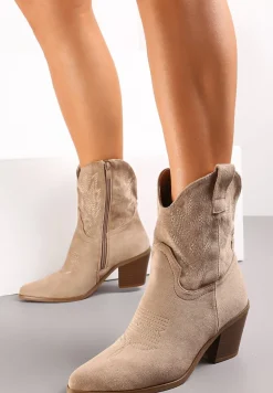 Ciemnobeżowe Botki Kowbojki z Haftem na Stożku Pomna