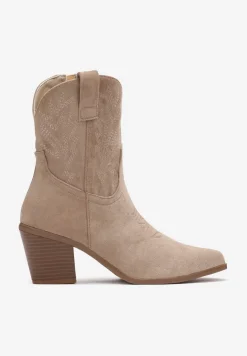 Ciemnobeżowe Botki Kowbojki z Haftem na Stożku Pomna