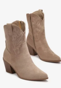 Ciemnobeżowe Botki Kowbojki z Haftem na Stożku Pomna