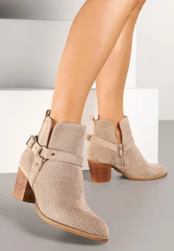 Ciemnobeżowe Botki Kowbojki Vices na Słupku z Klamrą Falfedi