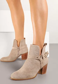 Ciemnobeżowe Botki Kowbojki Vices na Słupku z Klamrą Falfedi