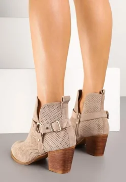 Ciemnobeżowe Botki Kowbojki Vices na Słupku z Klamrą Falfedi