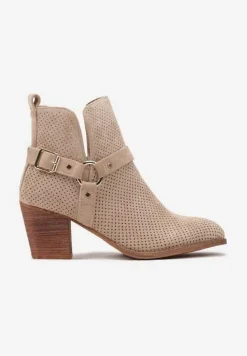 Ciemnobeżowe Botki Kowbojki Vices na Słupku z Klamrą Falfedi