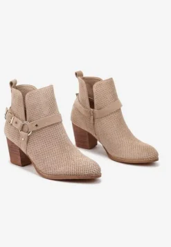 Ciemnobeżowe Botki Kowbojki Vices na Słupku z Klamrą Falfedi