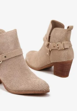 Ciemnobeżowe Botki Kowbojki Vices na Słupku z Klamrą Falfedi