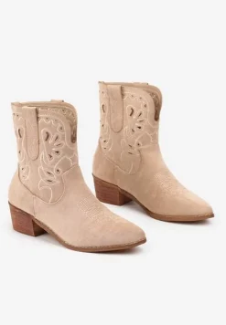 Ciemnobeżowe Botki Kowbojki Vices na Słupku Ozdobione Haftem Nelithen