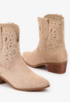 Ciemnobeżowe Botki Kowbojki Vices na Słupku Ozdobione Haftem Nelithen