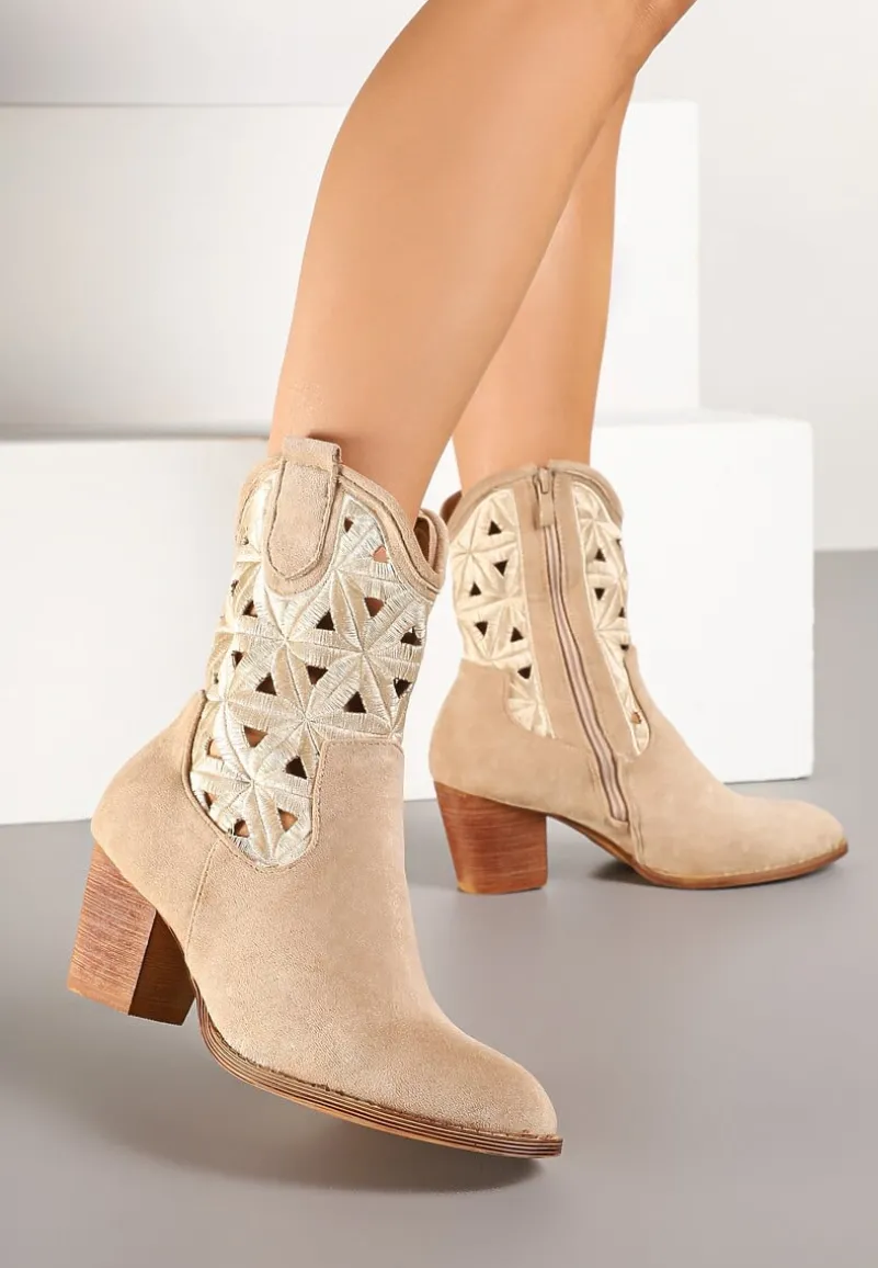 Ciemnobeżowe Botki Kowbojki Vices na Słupku z Geometrycznym Motywem Sarori
