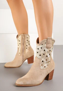 Ciemnobeżowe Botki Kowbojki Vices na Słupku z Geometrycznym Motywem Sarori