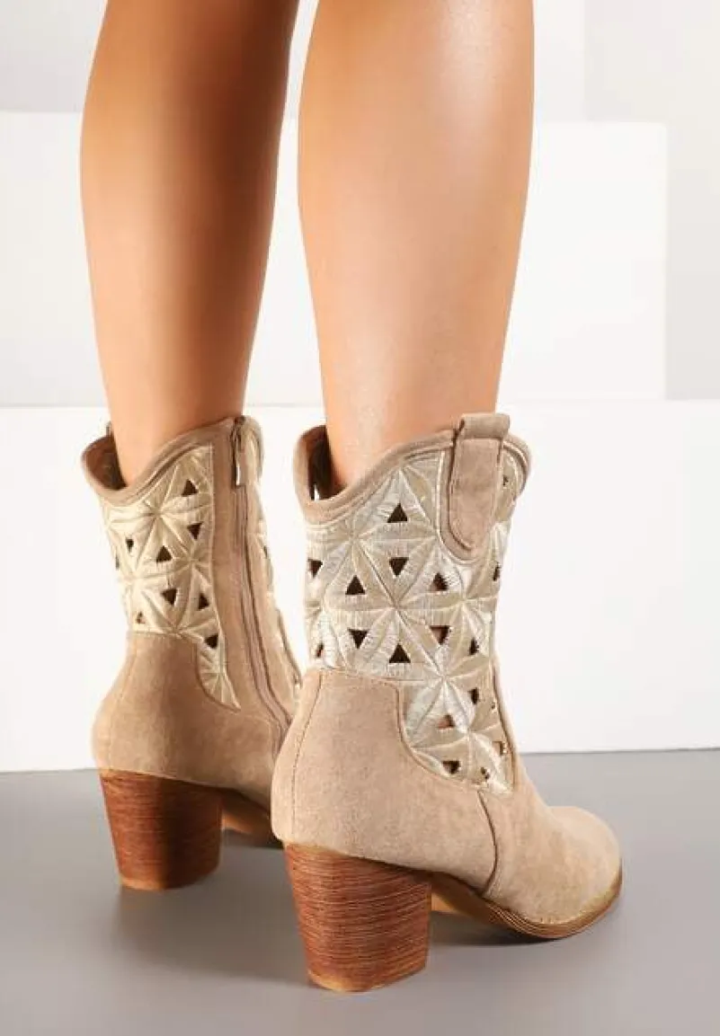 Ciemnobeżowe Botki Kowbojki Vices na Słupku z Geometrycznym Motywem Sarori