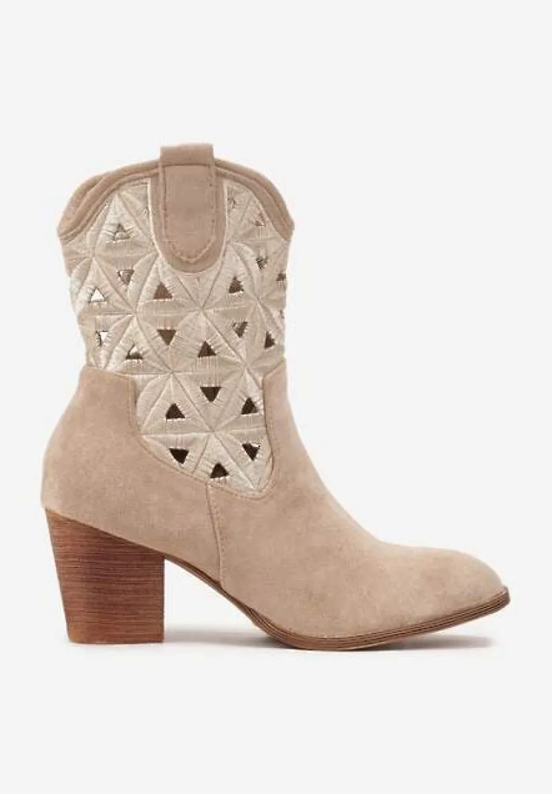 Ciemnobeżowe Botki Kowbojki Vices na Słupku z Geometrycznym Motywem Sarori