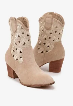 Ciemnobeżowe Botki Kowbojki Vices na Słupku z Geometrycznym Motywem Sarori