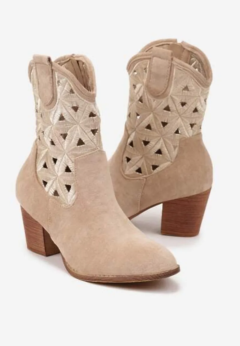 Ciemnobeżowe Botki Kowbojki Vices na Słupku z Geometrycznym Motywem Sarori