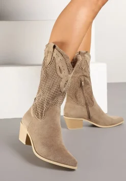 Ciemnobeżowe Botki Kowbojki na Słupku z Ażurową Cholewką Felmira
