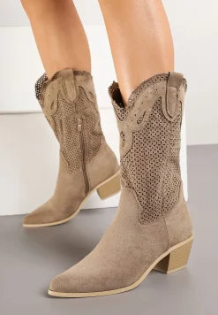 Ciemnobeżowe Botki Kowbojki na Słupku z Ażurową Cholewką Felmira