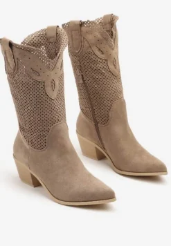 Ciemnobeżowe Botki Kowbojki na Słupku z Ażurową Cholewką Felmira