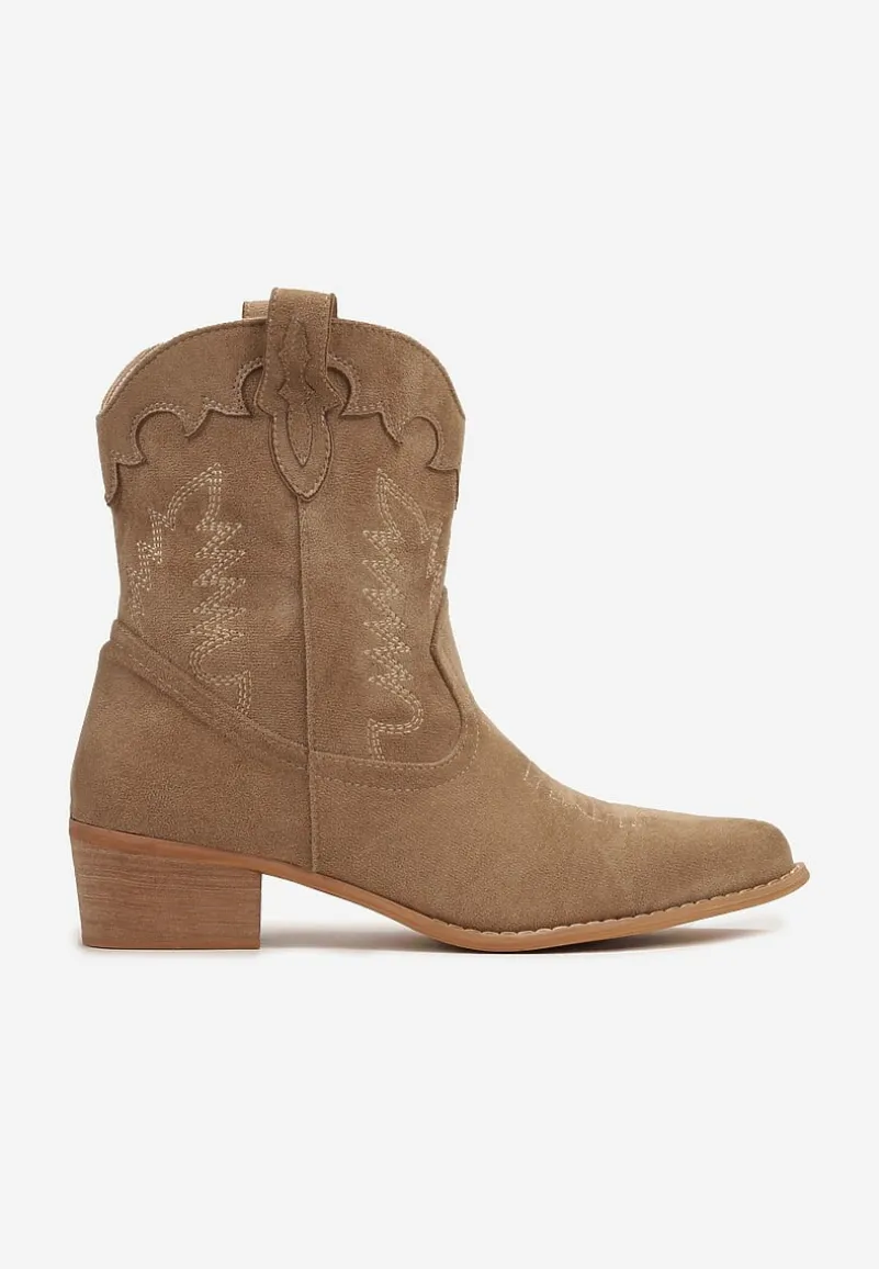 Ciemnobeżowe Botki Kowbojki z Cholewką za Kostkę z Ekoskóry z Przeszyciami Pianse